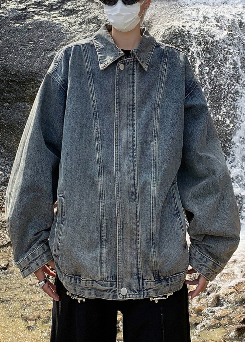 Loose Blue Zip Up Pockets Denim Mens Coats Spring TC039