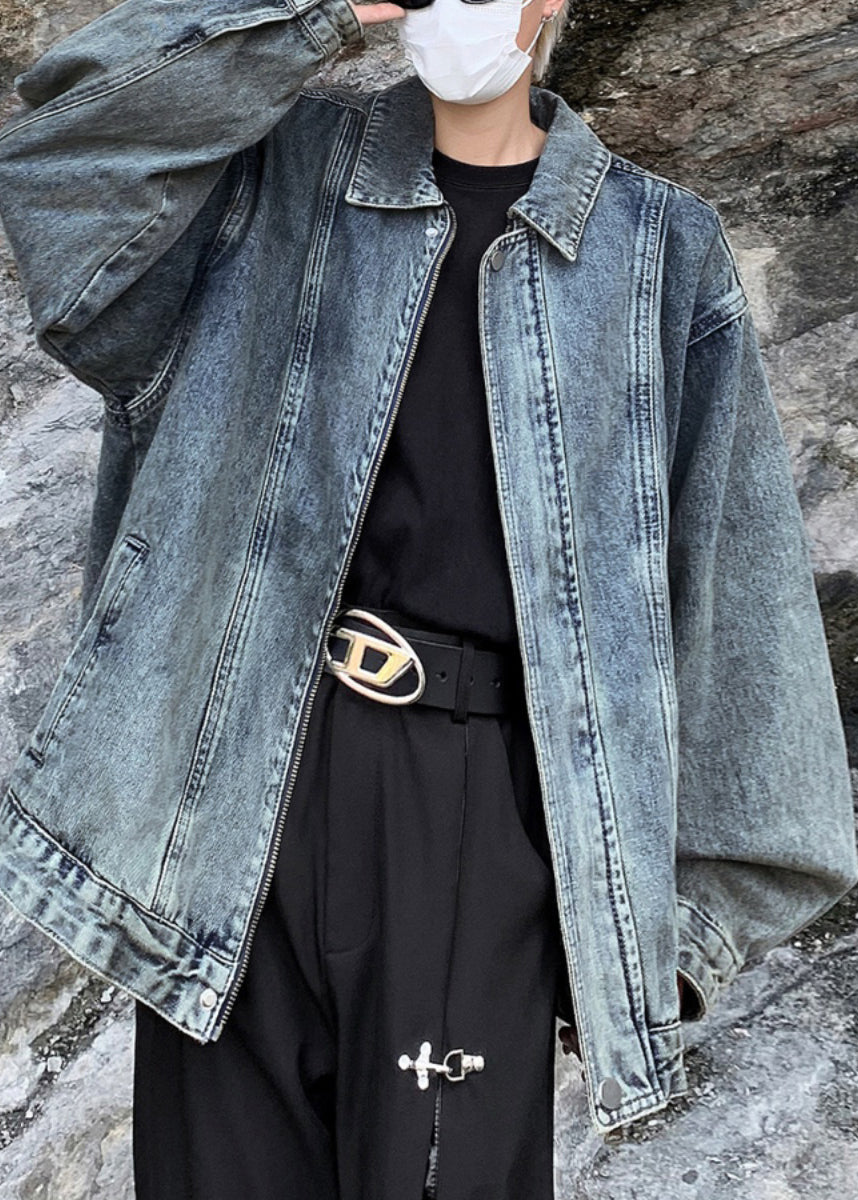 Loose Blue Zip Up Pockets Denim Mens Coats Spring TC039