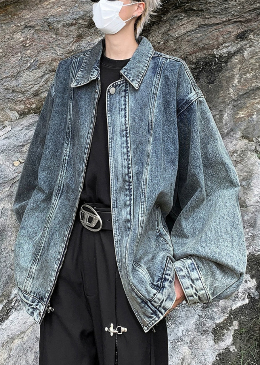 Loose Blue Zip Up Pockets Denim Mens Coats Spring TC039