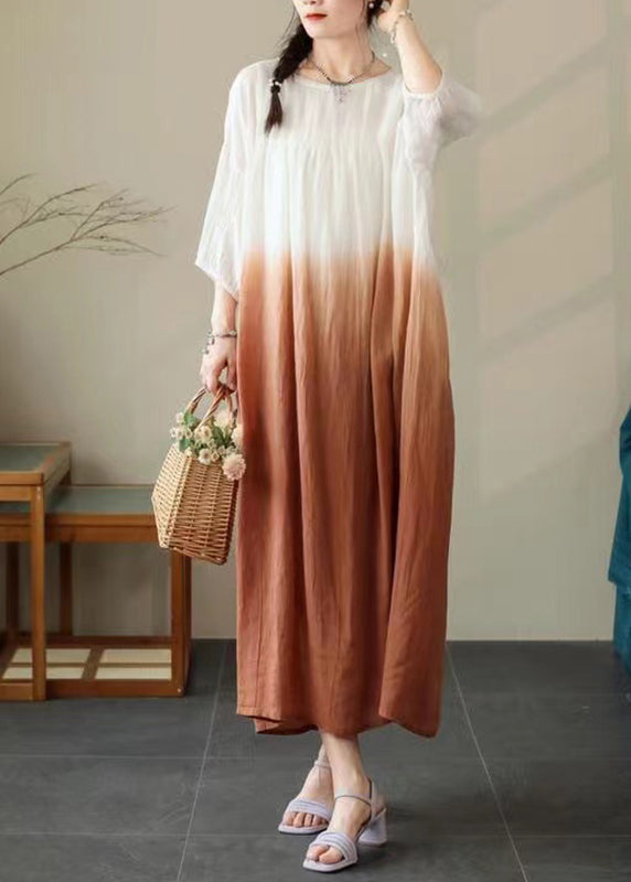 Brown Half Gradient Color Pockets Cotton Sleeve Dress Loose