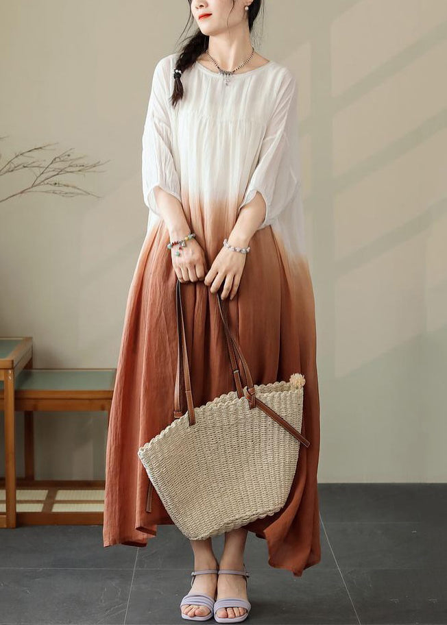 Brown Half Gradient Color Pockets Cotton Sleeve Dress Loose