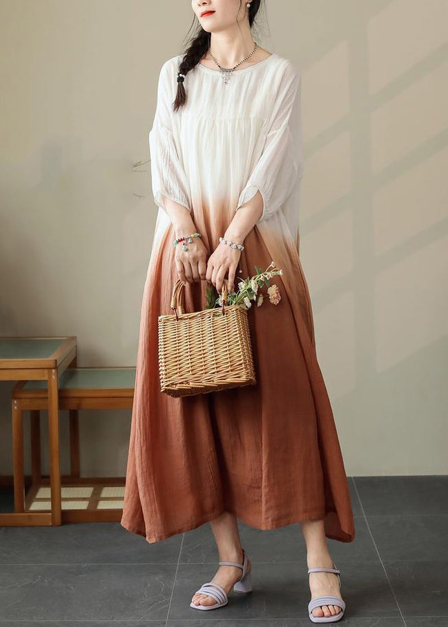Brown Half Gradient Color Pockets Cotton Sleeve Dress Loose