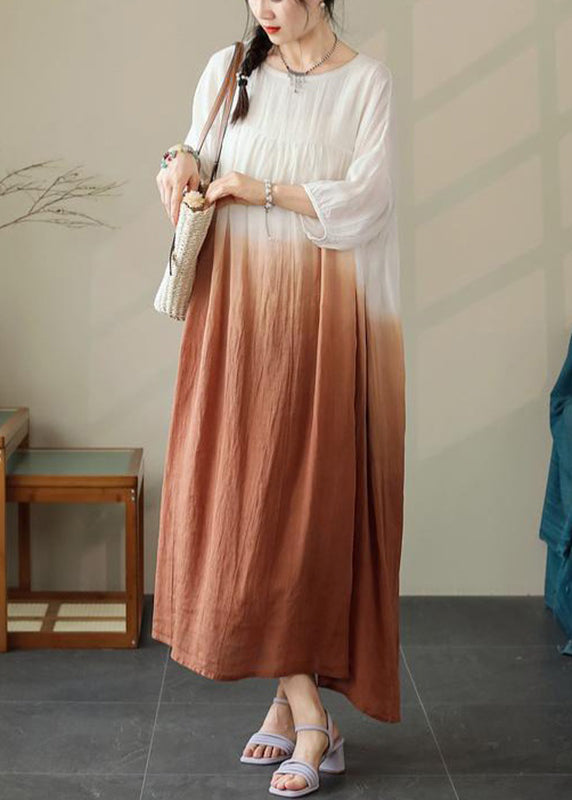 Brown Half Gradient Color Pockets Cotton Sleeve Dress Loose
