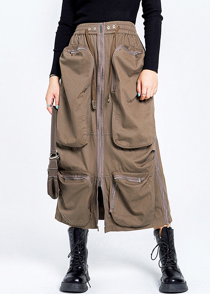 Cotton Waist Skirt Pockets Brown Loose Zippered Elastic Summer