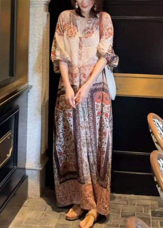 Loose Pockets Half Button Long Dress Sleeve Cotton Print