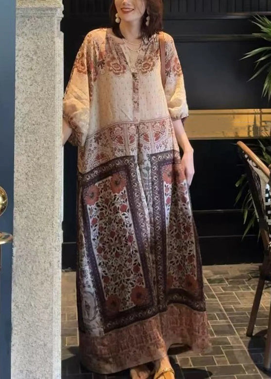 Loose Pockets Half Button Long Dress Sleeve Cotton Print