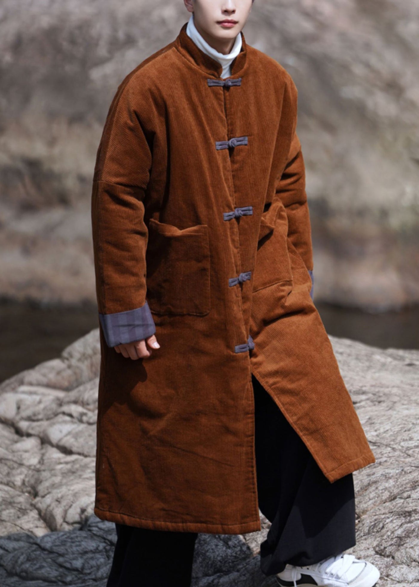 Loose Caramel Button Pockets Corduroy Thick Men Coat Winte RO037