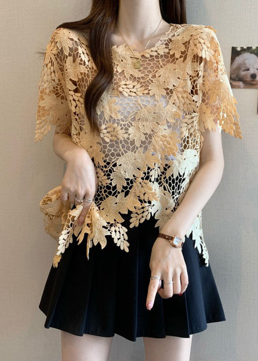 O-Neck Top Loose Lace Asymmetrical Sleeve Short Caramel