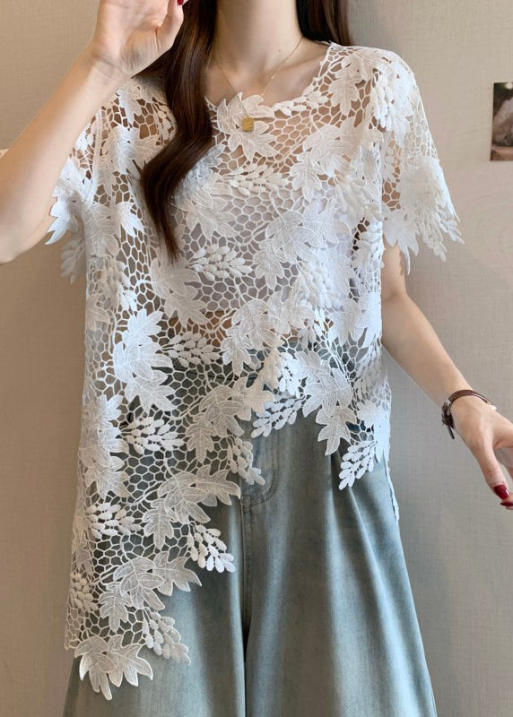 O-Neck Top Loose Lace Asymmetrical Sleeve Short Caramel