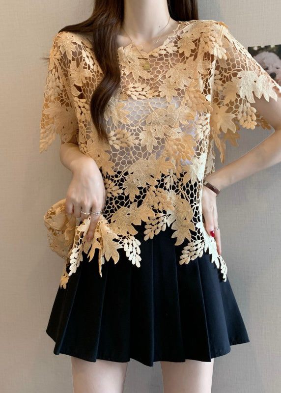 O-Neck Top Loose Lace Asymmetrical Sleeve Short Caramel