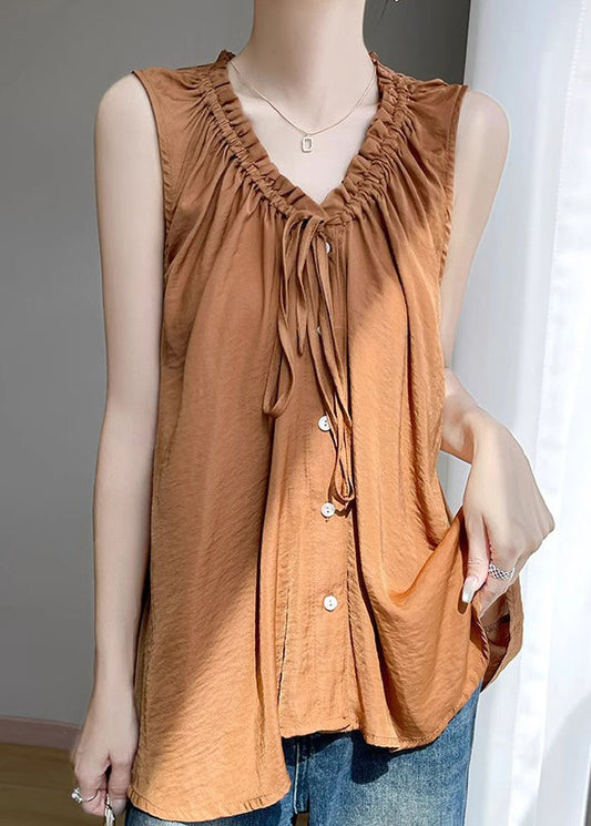 Ruffled Up Shirt Cotton Sleeveless Caramel Lace Loose