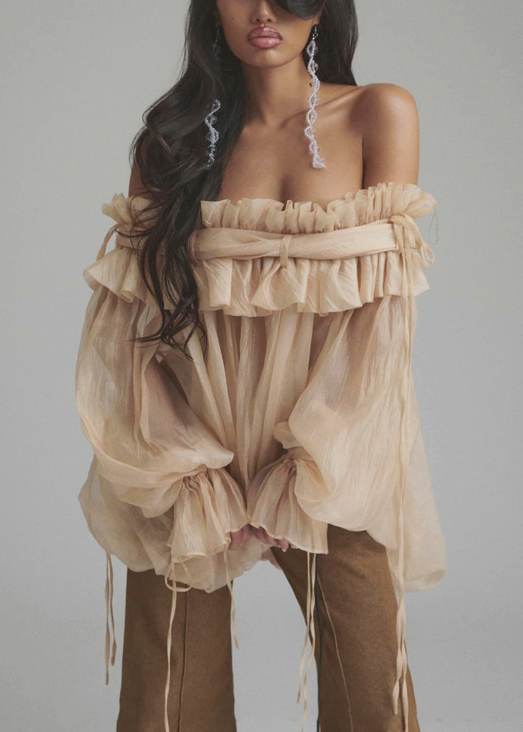 Shirt Color Ruffled Flare Lace Tulle Champagne Button Up Loose