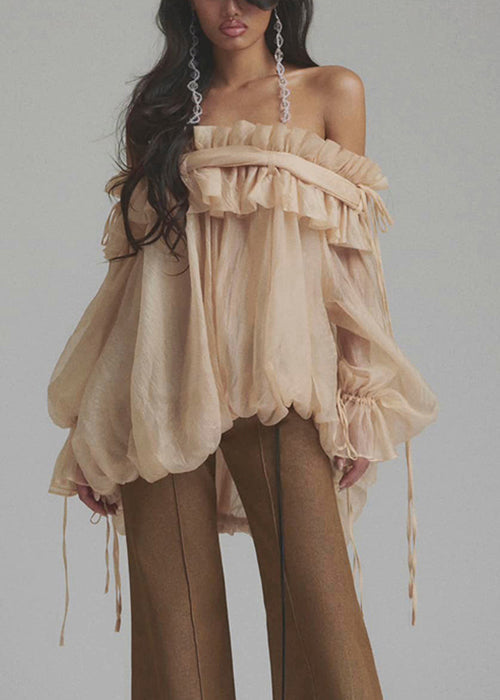 Shirt Color Ruffled Flare Lace Tulle Champagne Button Up Loose