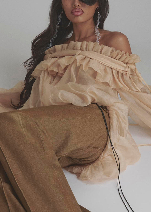 Shirt Color Ruffled Flare Lace Tulle Champagne Button Up Loose