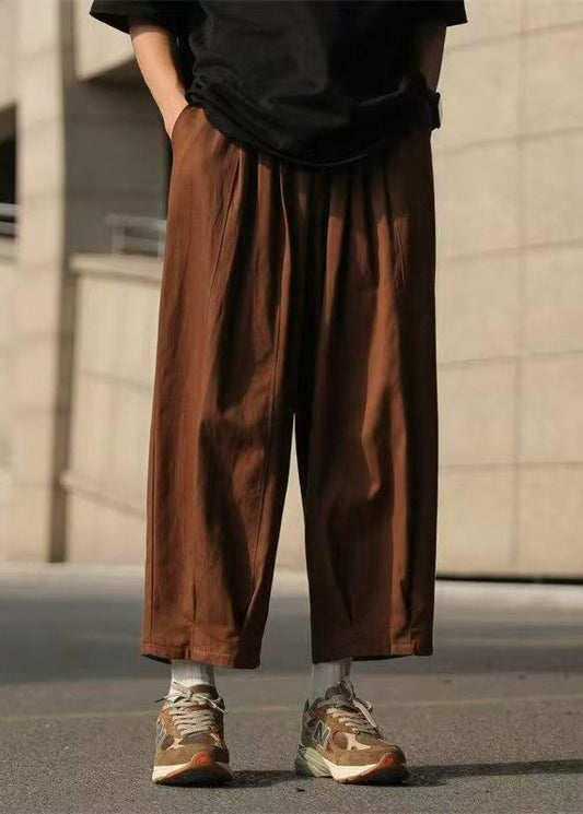 Mens Summer Solid Chocolate Crop Elastic Waist Cotton Pants Loose