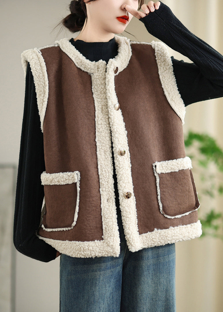 Loose Coffee Button Pockets Patchwork Teddy Faux Fur Waistcoat Sleeveless ER008