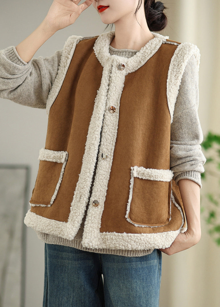 Loose Coffee Button Pockets Patchwork Teddy Faux Fur Waistcoat Sleeveless ER008