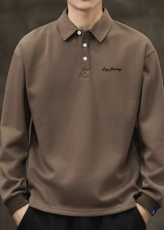 Loose Coffee Button Solid Cotton Men Polo Shirt Spring TC017