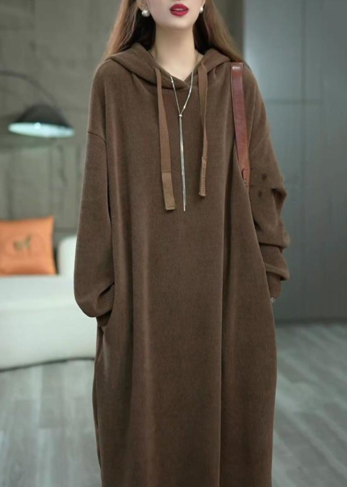 Loose Coffee Hooded Pockets Solid Long Dress Winter WM011