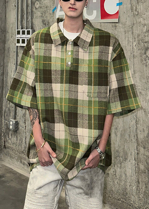 Pullover Coffee Half Sleeve Men Cotton Shirts Button Plaid Loose