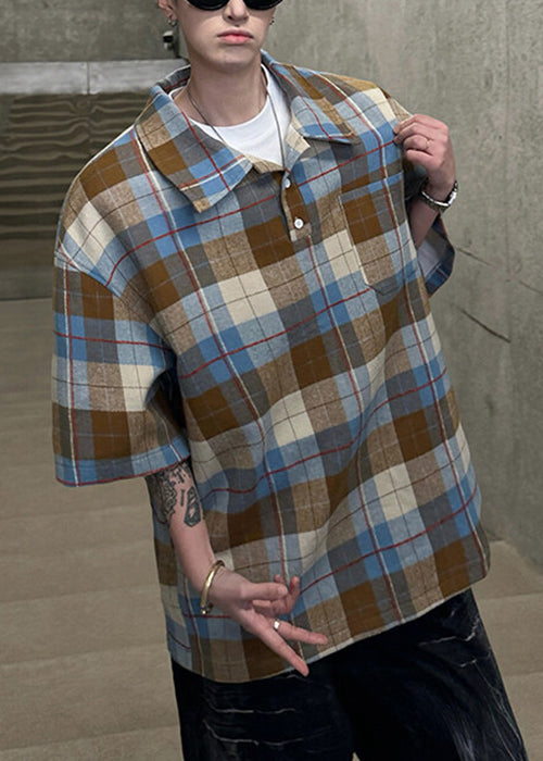 Pullover Coffee Half Sleeve Men Cotton Shirts Button Plaid Loose