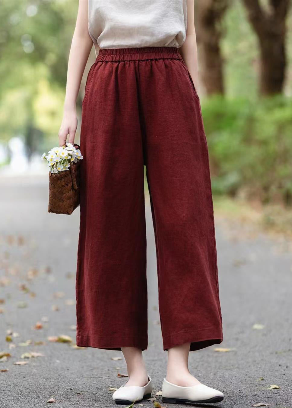 Pants Leg Coffee Summer Wide Linen Pockets Loose