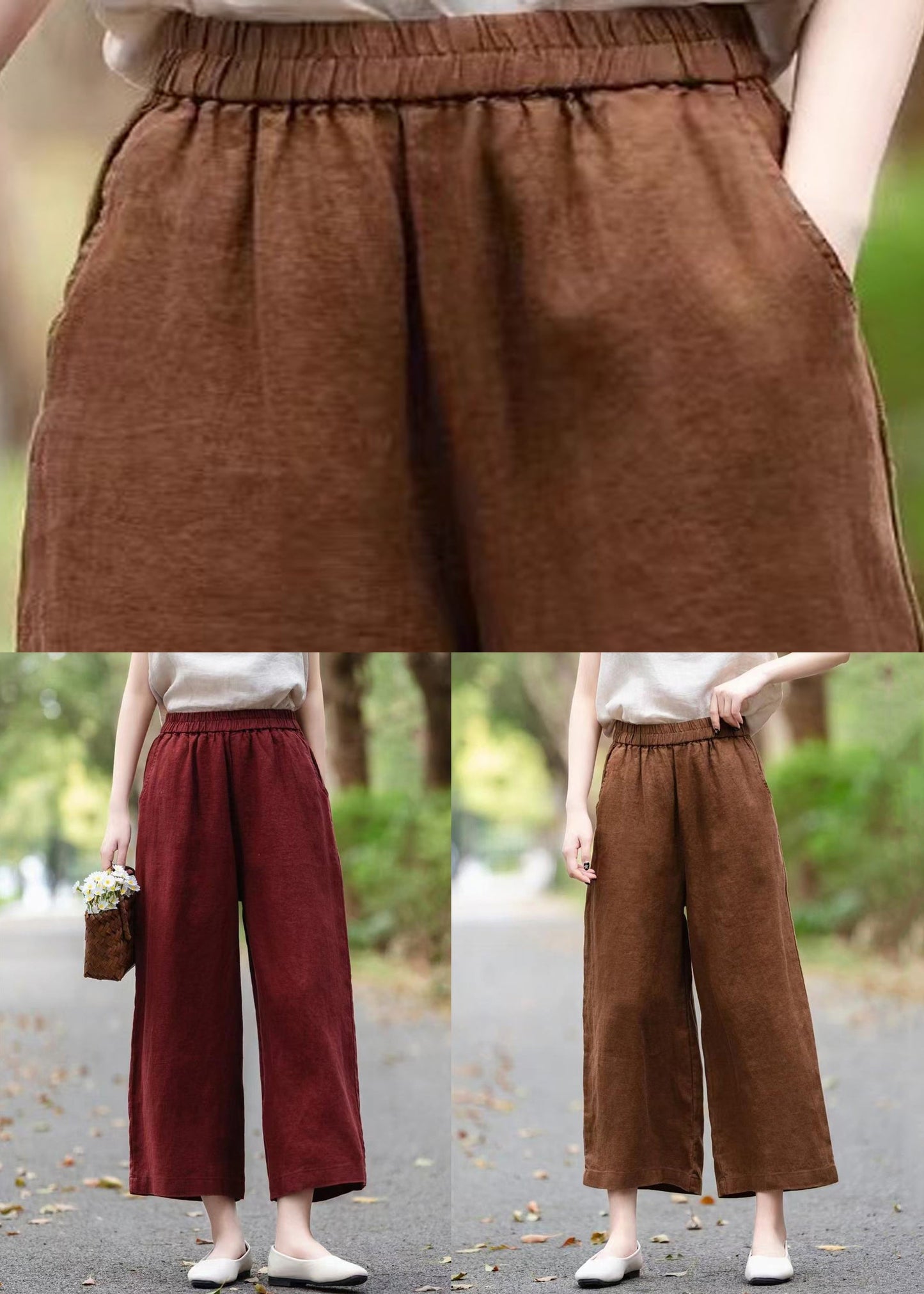 Pants Leg Coffee Summer Wide Linen Pockets Loose