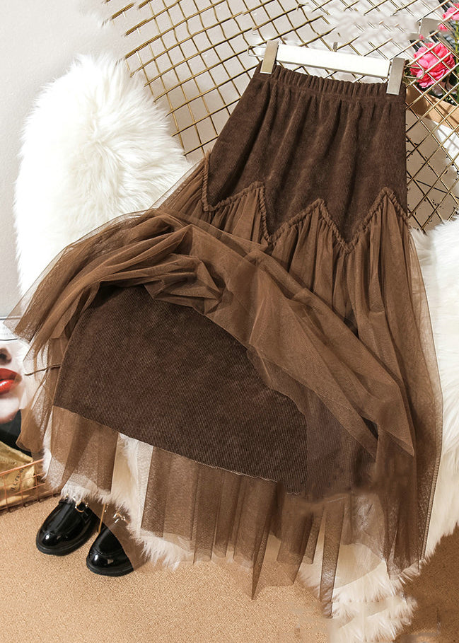 Loose Coffee Ruffled Elastic Waist Patchwork Tulle Skirts Spring Ada Fashion