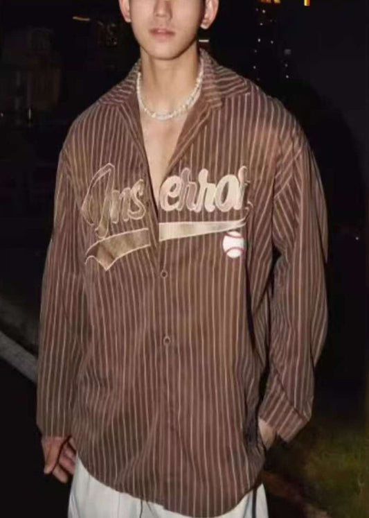 Letter Striped Shirts Coffee Cotton Spring Men Loose
