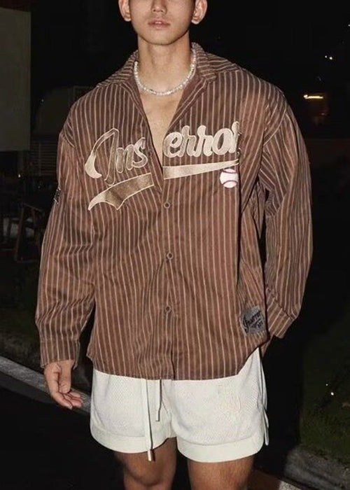 Letter Striped Shirts Coffee Cotton Spring Men Loose