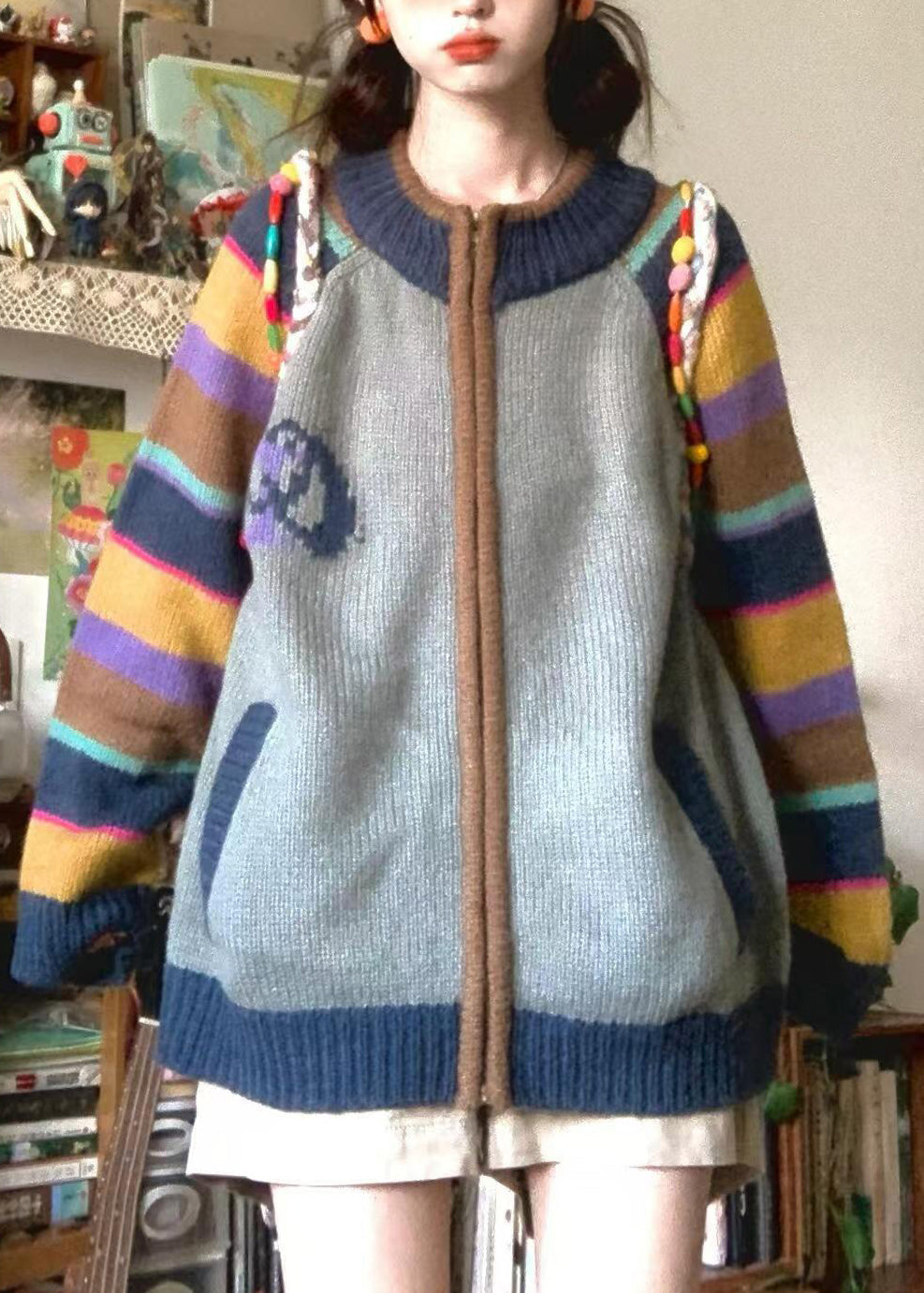 Loose Colorblock Zip Up Pockets Print Patchwork Knit Coat Spring TN045