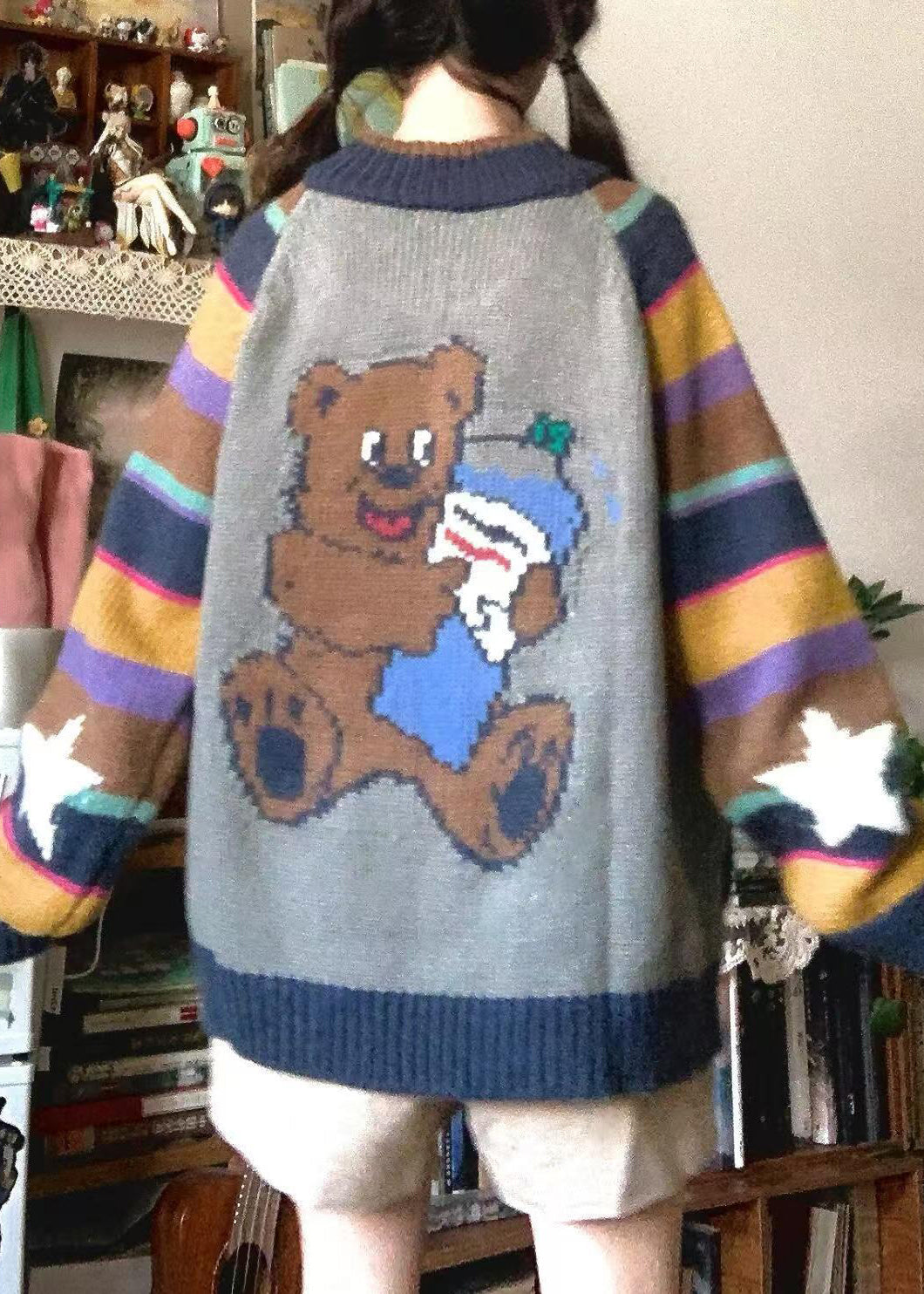 Loose Colorblock Zip Up Pockets Print Patchwork Knit Coat Spring TN045