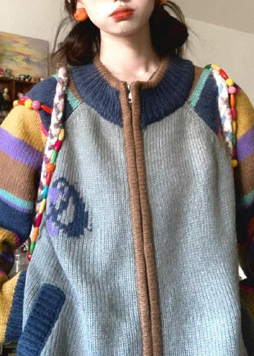 Loose Colorblock Zip Up Pockets Print Patchwork Knit Coat Spring TN045