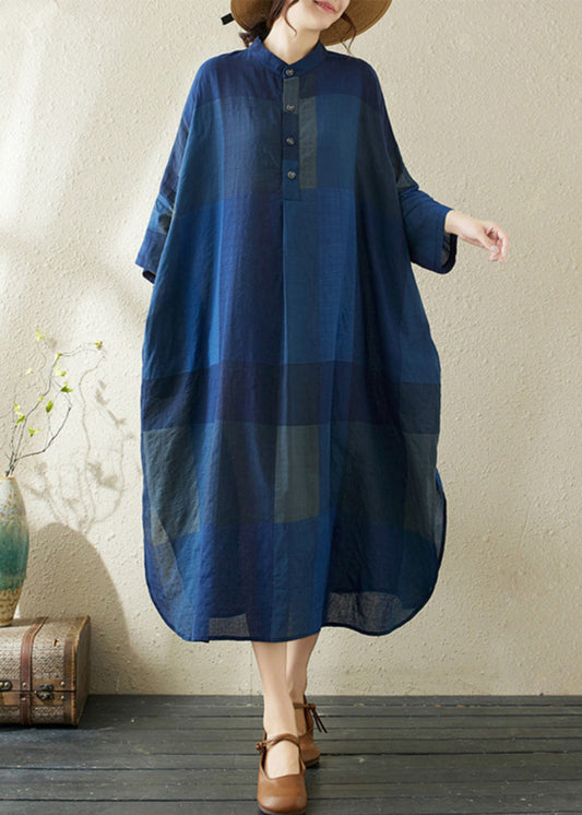 Dresses Collar Loose Plaid Open Stand Dark Side Long Blue