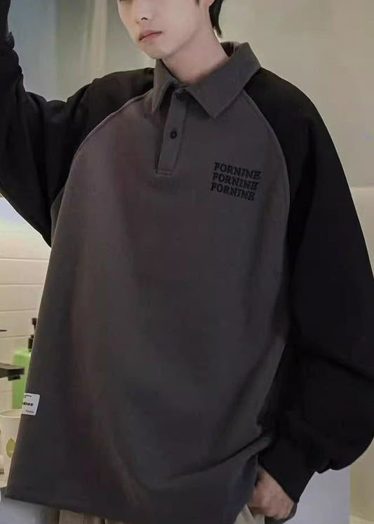 Loose Dark Gray Print Button Patchwork Cotton Men Sweatshirt Spring TC016