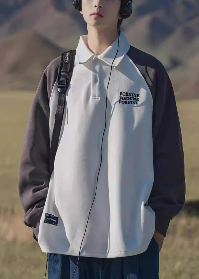 Loose Dark Gray Print Button Patchwork Cotton Men Sweatshirt Spring TC016