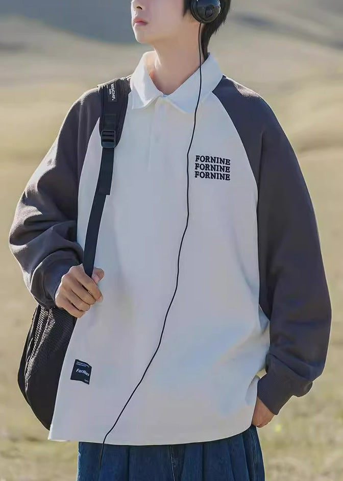 Loose Dark Gray Print Button Patchwork Cotton Men Sweatshirt Spring TC016