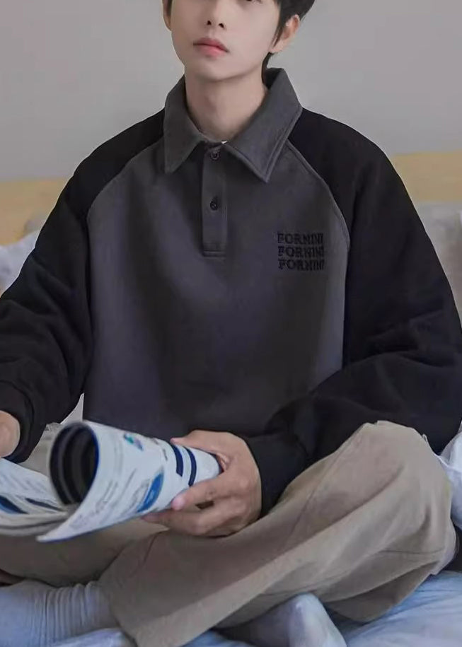 Loose Dark Gray Print Button Patchwork Cotton Men Sweatshirt Spring TC016