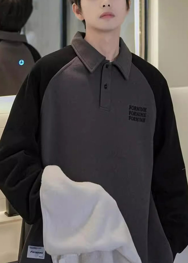 Loose Dark Gray Print Button Patchwork Cotton Men Sweatshirt Spring TC016