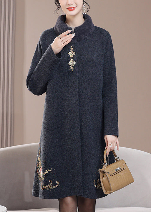 Loose Dark Gray Stand Collar Zircon Pockets Wool Coats Spring RH013