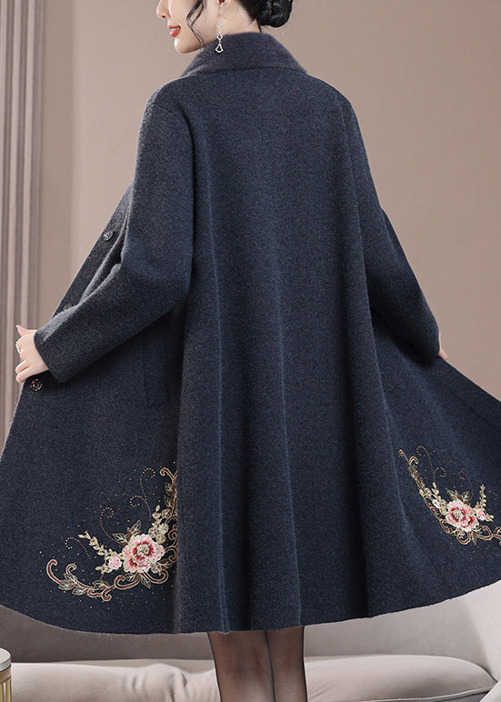 Loose Dark Gray Stand Collar Zircon Pockets Wool Coats Spring RZ020