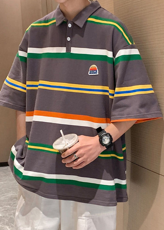 Half Dark Gray Sleeve Polo Loose Striped Cotton Button Shirts