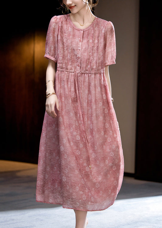 Loose Dark Pink O-Neck Print Wrinkled Silk Long Dress Short Sleeve WW047