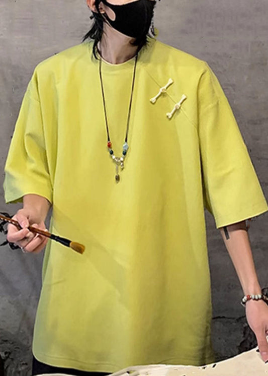 T Men Half Cotton Green Solid Shirts Fluorescent Loose Button