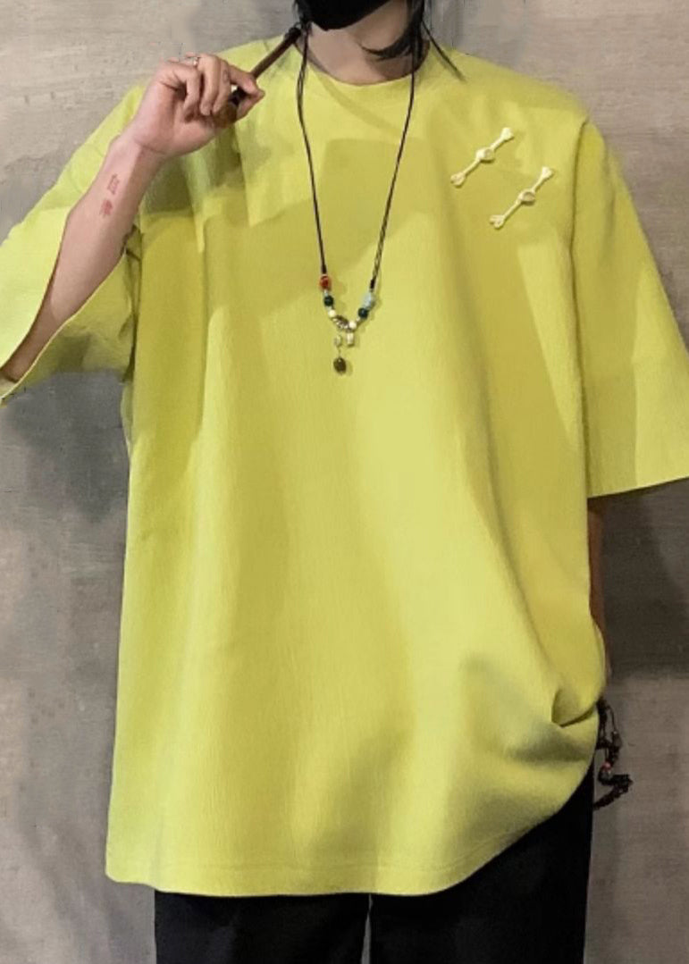 T Men Half Cotton Green Solid Shirts Fluorescent Loose Button