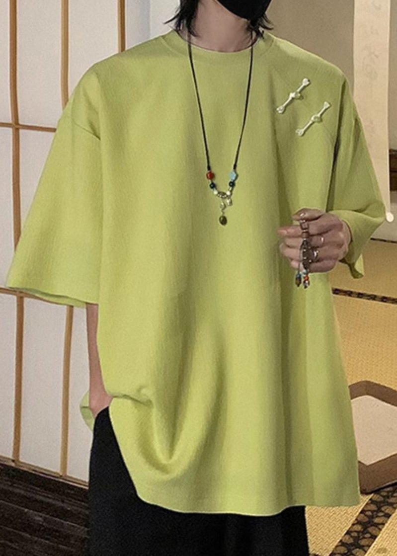 T Men Half Cotton Green Solid Shirts Fluorescent Loose Button