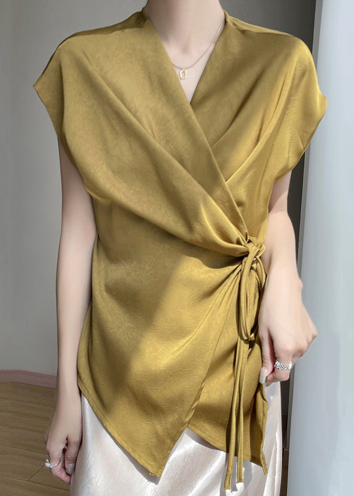Shirts Loose Summer Gold V Up Lace Neck Silk