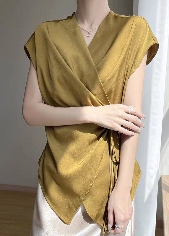 Shirts Loose Summer Gold V Up Lace Neck Silk