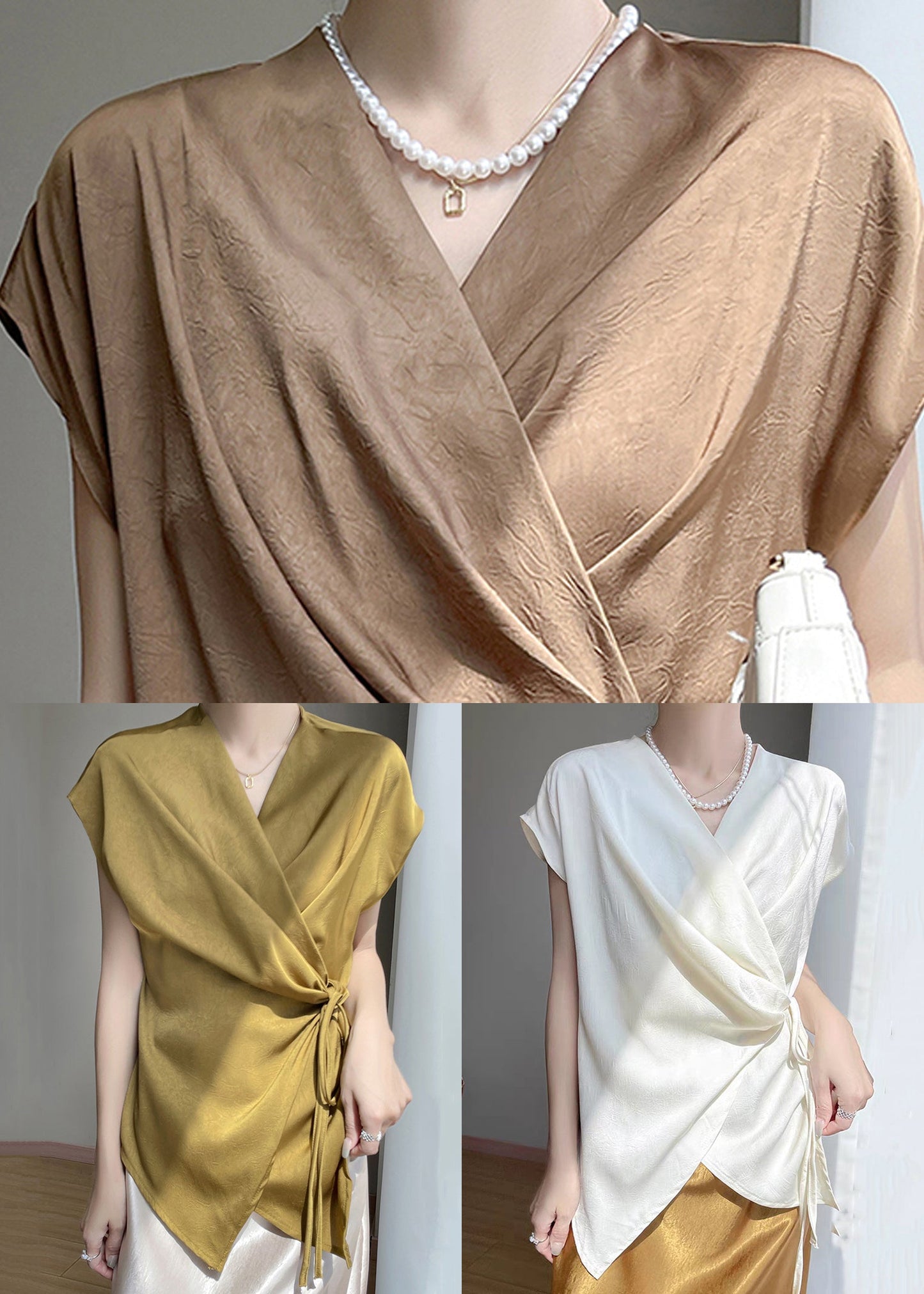 Shirts Loose Summer Gold V Up Lace Neck Silk