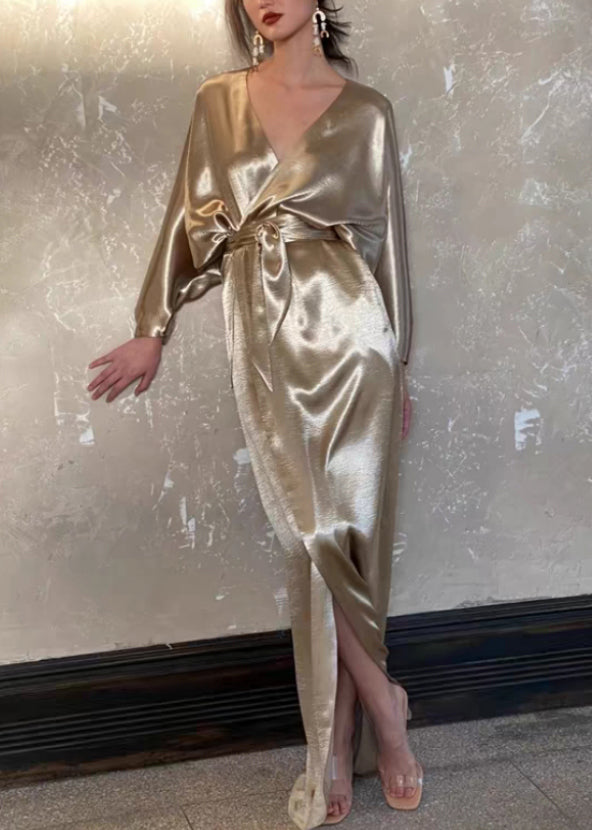 Dresses V Tie Neck Long Fall Waist Silk Pockets Gold Loose